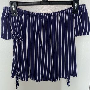 striped navy off the shoulder crop top
